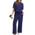 Donkerblauwe kort mouw top en wijde broek set detailweergave comfortabele kleding - S / Top en Broek / Marineblauw