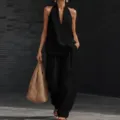 Zwarte zomer casual mouwloze haltertop en losse wijde broek tweedelig kledingsetje. - S / Top en Broek / Zwart