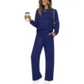 Women casual two piece set long sleeve top wide leg pants solid color stylish loungewear - S / Top And Bottom / Navy Blue