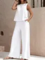 Solid white two-piece sleeveless top and wide-leg pants set for women, elegant casual outfit. - XS / Top And Bottom / White