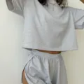 Striped Knit Pajama Set Grey Short Sleeve Crop Top Shorts Loungewear Outfit Casual Summer - Gray