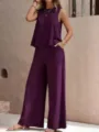 Solid purple two-piece women set round neck sleeveless tank top and wide leg pants variant - XS / Top And Bottom / Purple