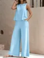 Elegant solid color sleeveless top and wide leg pants set for women casual wear stylish outfit - XS / Top And Bottom / Light Blue