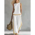 Wit geel contrast mouwloos topje en wijde broek set tweedelig mode zomer outfit - S / Top en Broek / Wit