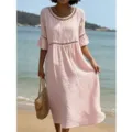 Pink casual midi dress with hollow-out design, round neck and short sleeves for summer. - S / Pink
