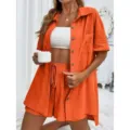 Oranje casual tweedelig setje met korte mouwen overhemd en shorts voor dames zomer. - S / Top en Broek / Oranjerood