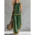 Set estivo due pezzi pantalone largo e top smanicato bicolore stile casual chic. - Verde