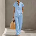 Dames casual effen tweedelig setje korte mouw opstaande kraag top en broek lichtblauw - S / Top en Broek / Hemelsblauw