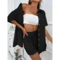 Dames tweedelige set casual zwart overhemd witte bandeau top korte broek zomer - S / Top en Broek / Zwart