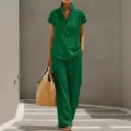 Dames Casual Effen Kleur Korte Mouw Shirt en Broek Twee Delige Set Groene Variant - S / Top en Broek / Zee-Groen