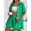 Green two-piece short sleeve shirt and shorts casual summer outfit for women variant. - Green