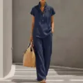Dames casual linnen look effen korte mouw shirt en broek set stijlvolle zomer outfit - S / Top en Broek / Marineblauw