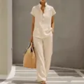 Women casual solid color linen short sleeve shirt and long pants set for summer. - Khaki