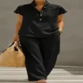 Casual solid color women's short sleeve top and loose trousers set with matching straw tote bag. - Black