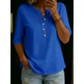 Women Summer Casual Solid Color Blue V-Neck Half Sleeve Button Henley T-Shirt Top - S / Tops / Dark Blue