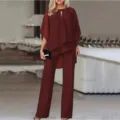 Wine red two piece set batwing sleeve top and straight pants elegant women outfit - S / Top And Bottom / Burgundy