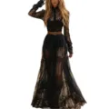 Vestido largo vintage de encaje semitransparente estilo pastoral gótico elegante, negro. - S / Vestidos / Negro