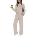 Casual long sleeve top and wide leg pants lounge set for women, beige two piece outfit. - S / Top And Bottom / Apricot