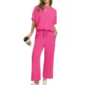 Summer casual solid color short sleeve top and wide leg pants lounge set for women - Rose Red