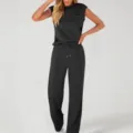 Vrouwen effen kleur mouwloos top hoge taille wijde broek casual tweedelig set mode - S / Top en Broek / Zwart