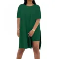 Dark green casual two-piece set featuring a loose crew neck short sleeve top and side slit shorts. - S / Top And Bottom / Deep Green