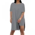 Summer casual solid color loose round neck short sleeve top and shorts two-piece set for women. - S / Top And Bottom / Gray