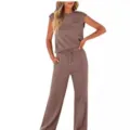 Dames Casual Effen Tweedelig Outfit Mouwloze Top En Wijde Broek Bruin Model Nieuw - S / Top en Broek / Bruin
