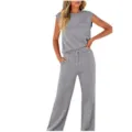 Casual grey two-piece set, sleeveless top and high-waisted wide-leg pants for women. - Silver Gray
