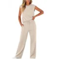 Casual sleeveless top and high waist wide leg pants two piece set beige neutral outfit. - Beige