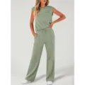 Women solid color casual lounge set sleeveless top and high waist wide leg pants two piece - Light Green