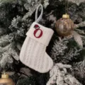 White knitted Christmas tree stocking with red embroidered letter O for holiday gift decoration. - Embroidered Knitted Small Sock White O