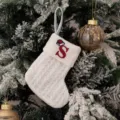 White knitted Christmas stocking with red embroidered letter S for holiday gift bag - Embroidered Knitted Small Sock White S
