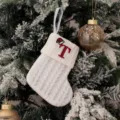 White knitted Christmas stocking gift bag with red embroidered letter for holiday decor. - Embroidered Knitted Small Sock White T