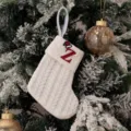 White knitted Christmas stocking with red embroidered letter Z variant for holiday gift bag. - Embroidered Knitted Small Sock White Z