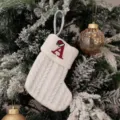 White knitted Christmas stocking with embroidered letter A, ideal holiday candy gift bag. - Embroidered Knitted Small Sock White A