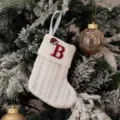 White knitted Christmas stocking with red embroidered letter B and Santa hat gift bag. - Embroidered Knitted Small Sock White B
