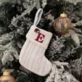 White knitted Christmas tree hanging stocking with embroidered letter E and cute red Santa hat. - Embroidered Knitted Small Sock White E