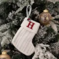 White knitted Christmas stocking with embroidered letter H, festive holiday candy gift bag for kids. - Embroidered Knitted Small Sock White H