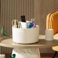 White rotating desktop storage box, multi-compartment organizer for makeup brushes and pens. - 1 Piece / Ivory