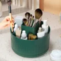 Desktop rotating makeup organizer box with multi-compartments for cosmetic brushes and skincare. - 1 Piece / Dark Green