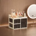 Multifunctional cosmetic storage box with drawers and compartments for makeup organizer. - 2 Tiers (2 Small Drawers + 1 Vertical Drawer + Compartment Layer)