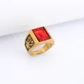 Vintage gold men's square red stone ring, stylish hip hop jewelry detail showcase view. - Size 7 / Gold
