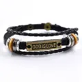 Detailed close-up of retro multi-layer braided leather bracelet featuring engraved metal tag. - God Is Love Style