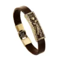 Vintage brown leather bracelet for men featuring antique alloy rose plaque and secure clasp. - Rose