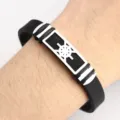 Bracciale da uomo in silicone nero e acciaio inossidabile con ciondolo geometrico sportivo. - Remo argentato