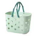Green plastic shower basket with cute heart cutouts, portable handles for dorm bathroom storage. - No Specification / Light Green