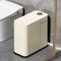Cream narrow trash can with press lid, 16L large capacity, ideal for bathroom and spaces. - Cream