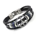 Details of vintage multi-layer black braided leather bracelet with peace sign charm metal clasp. - Style 1-Black