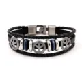 Men's multi-layer braided leather bracelet with vintage metal peace sign charms. - Style 2-Black