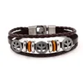 Vintage multi-layer braided leather bracelet with metal peace sign charms and wooden beads. - Style 2 Brown